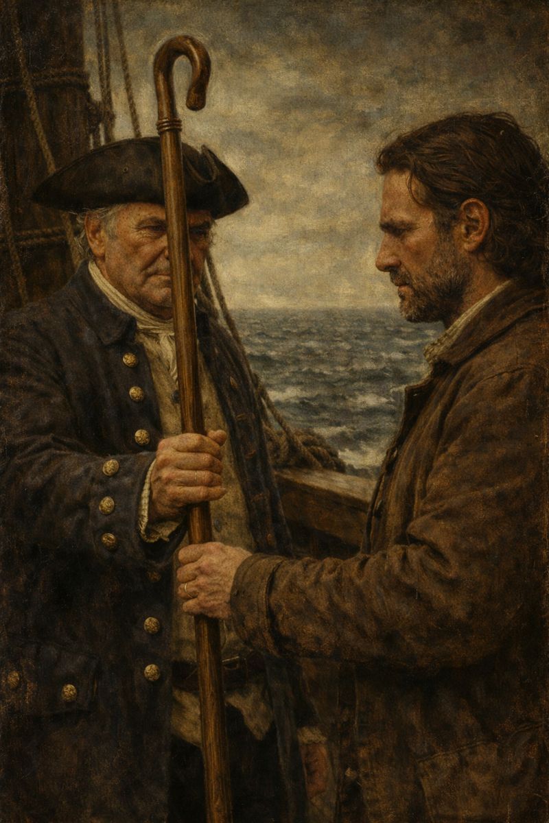 An older man passing a crook to a younger man aboard ship.