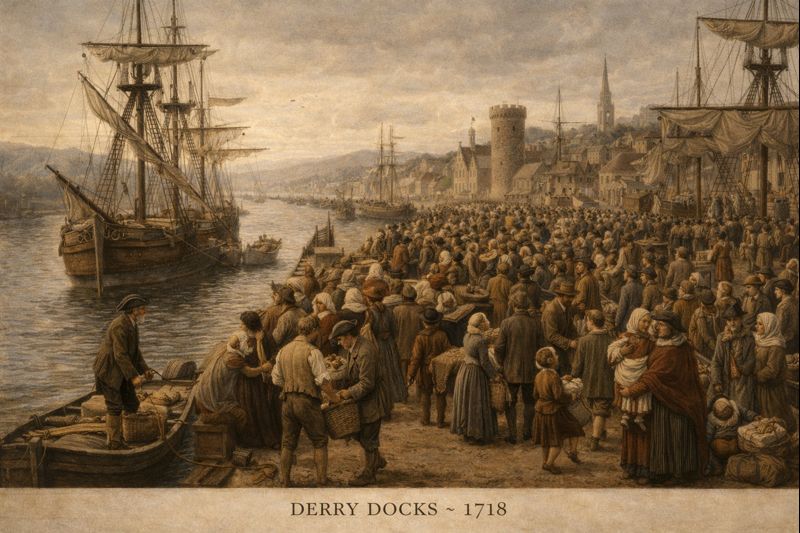 A crowded dock at Derry in 1718.