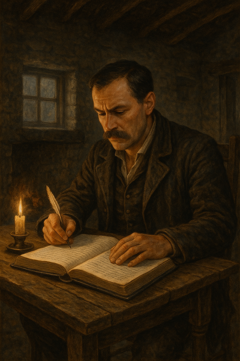 Edwin writing by candlelight.