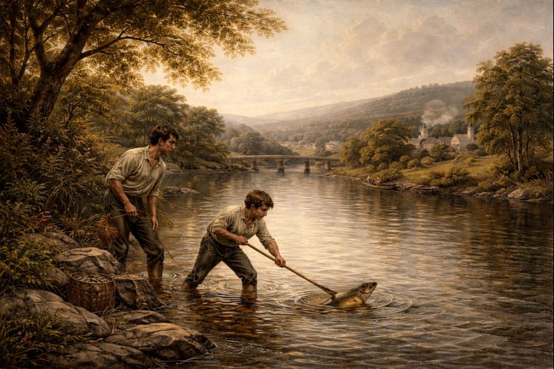 Thomas and Edwin fishing in the River Mourne.