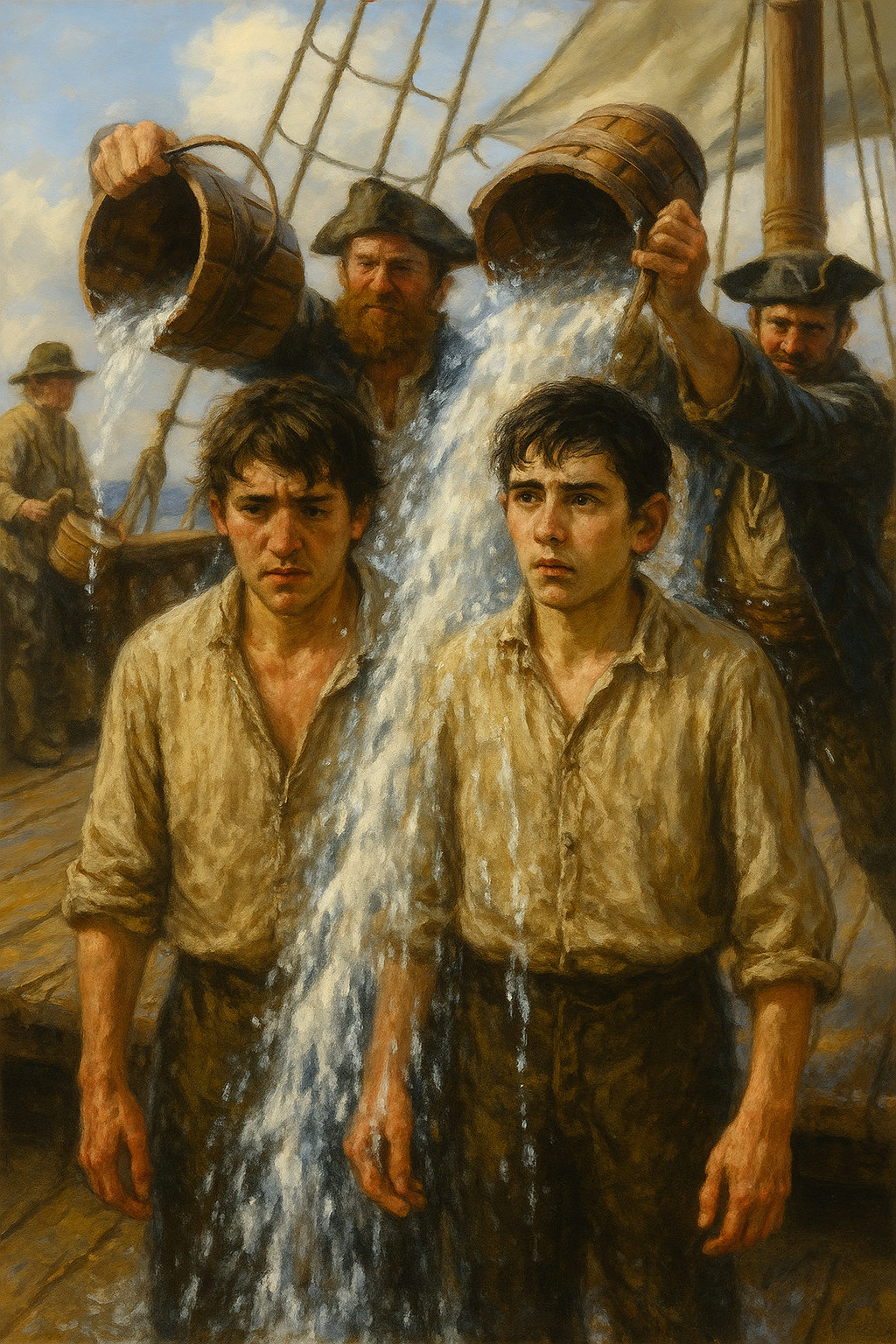 Thomas and Edwin receiving their baptism aboard the Robert.