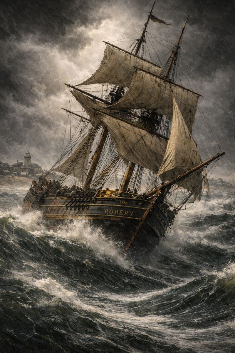 The ship Robert struggling in a storm at sea.