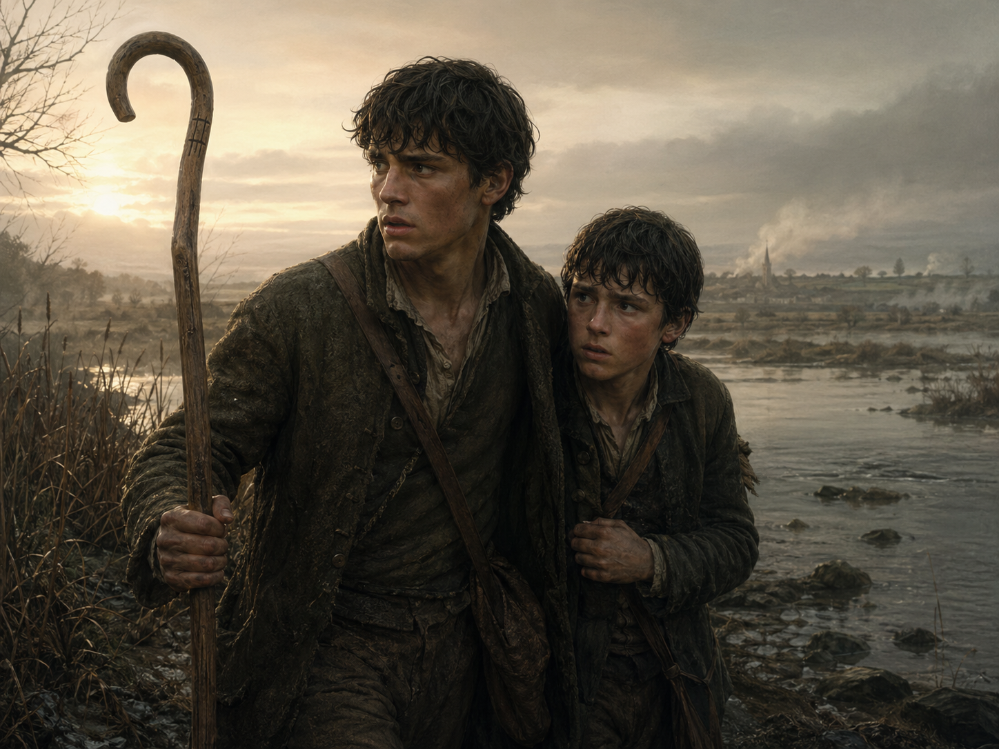 Thomas and Edwin fleeing along a riverbank.