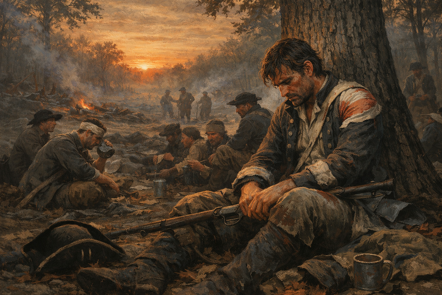 A weary wounded soldier resting against a tree at dusk after battle.