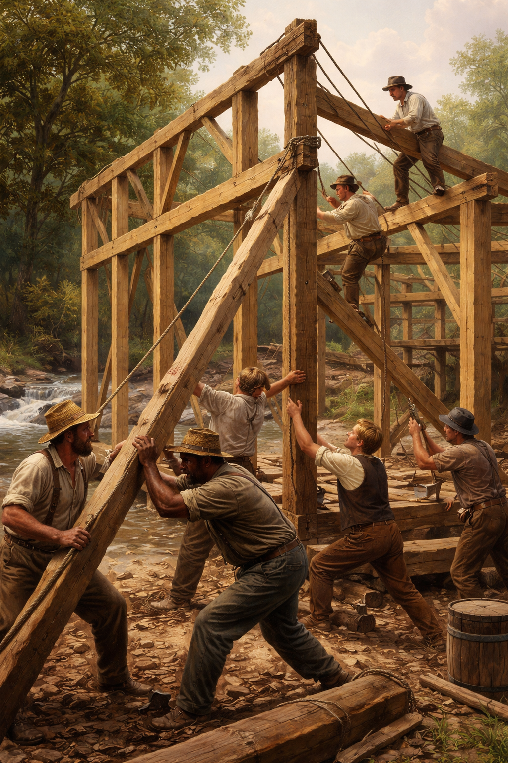 Workers lifting heavy timber into place on a mill frame.