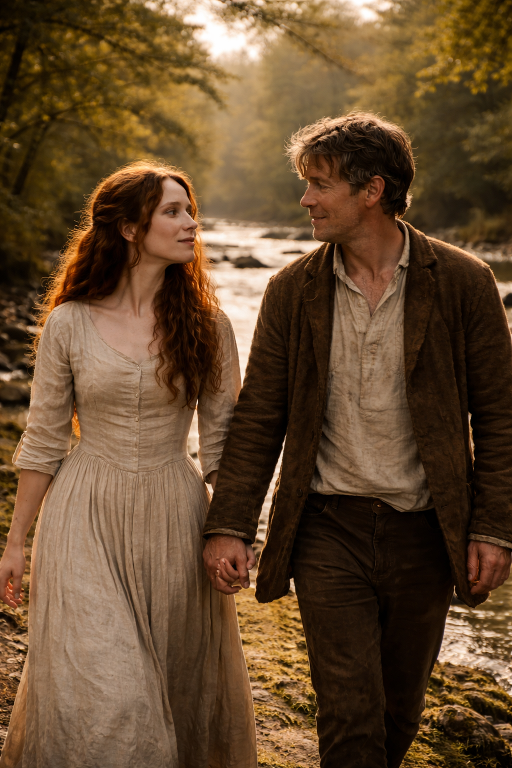 A couple walking hand in hand beside a river in warm evening light.