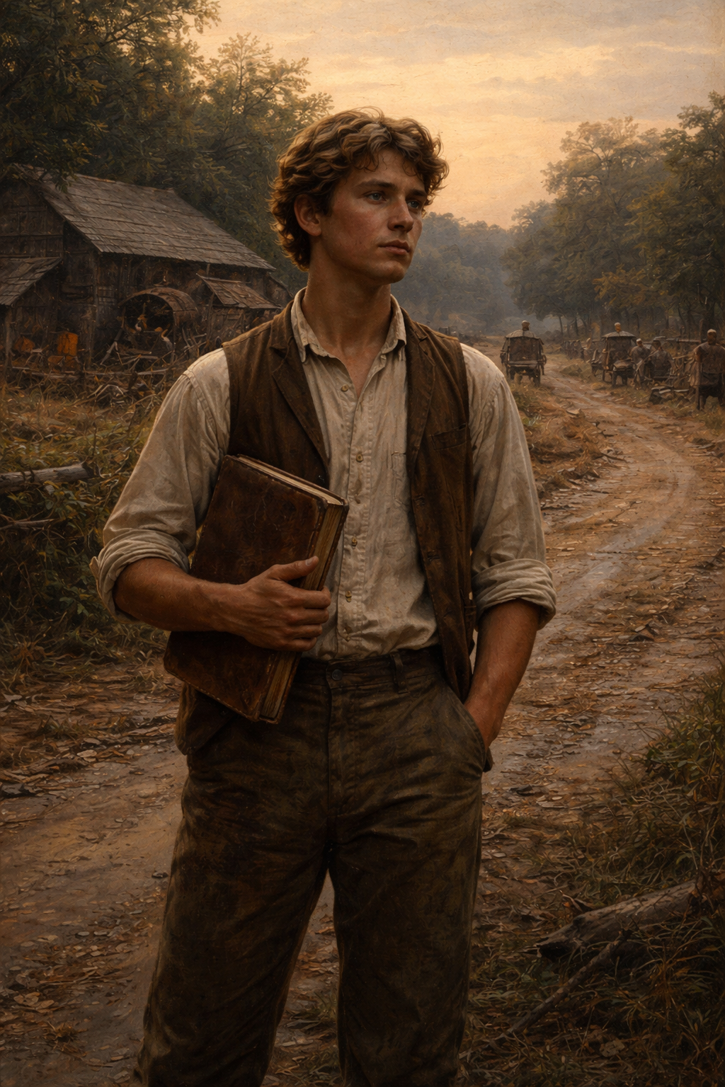 A young man carrying a book while standing on a rough road.