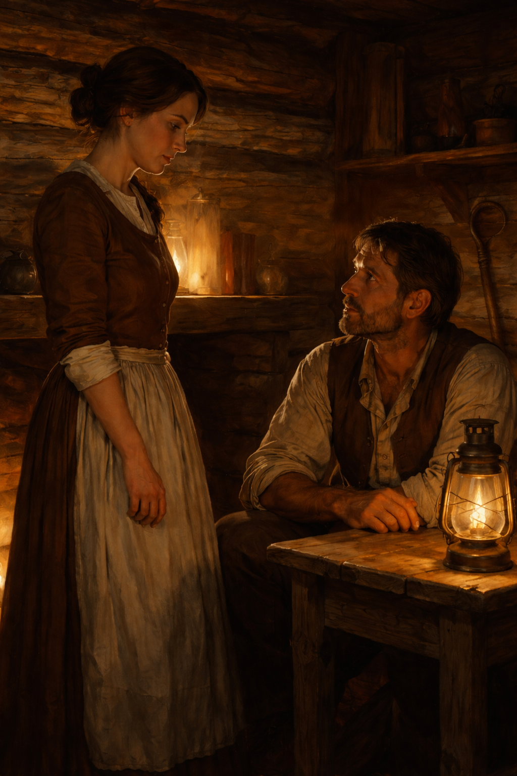 A woman standing beside a seated man in a lamplit cabin.