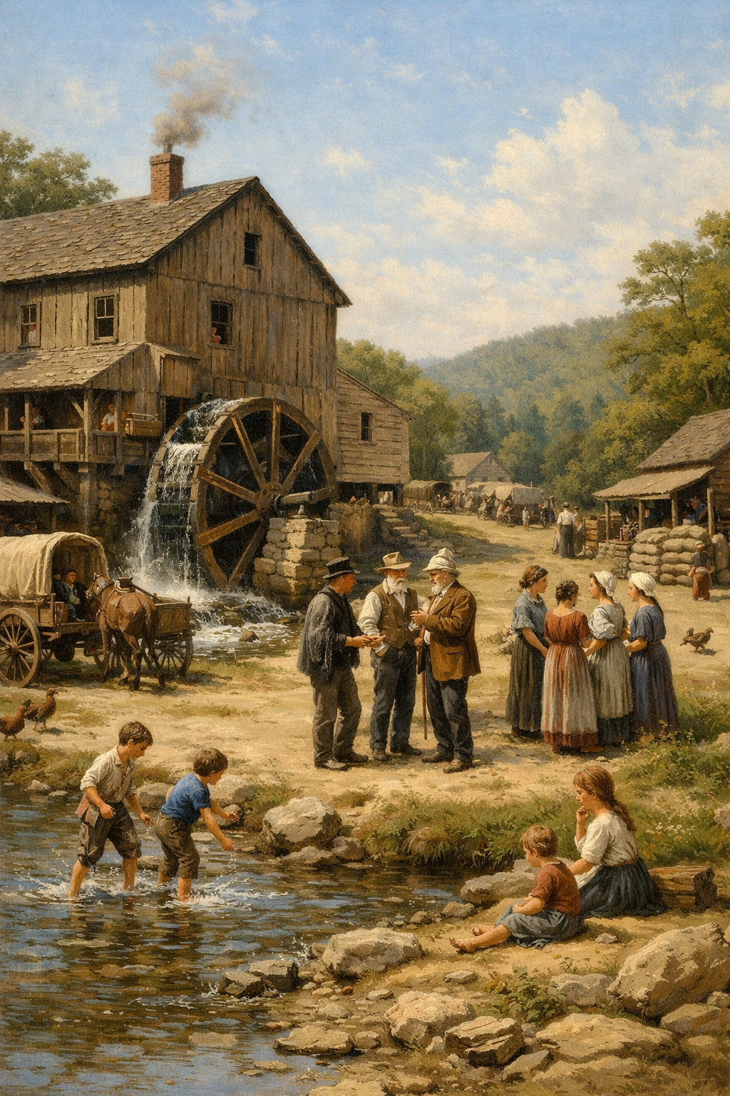 A water-powered mill with families, wagons, and children at the stream.