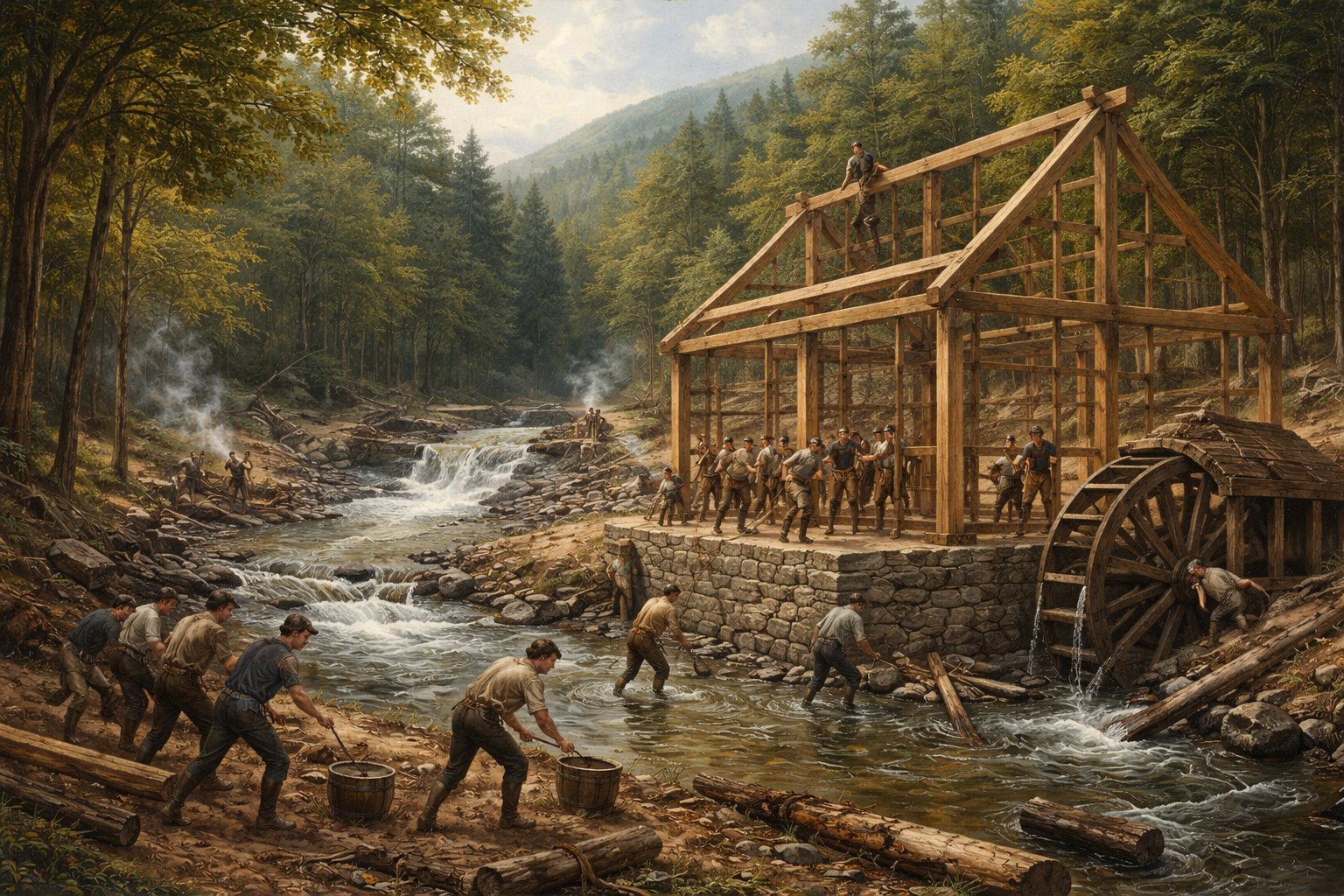 Men raising a mill frame beside a stream and waterwheel.