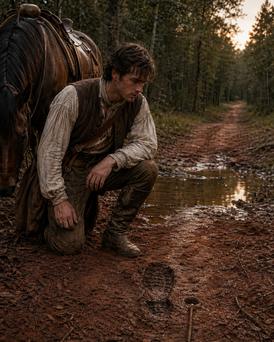 A traveler kneeling beside muddy tracks on a forest road while his horse waits nearby.