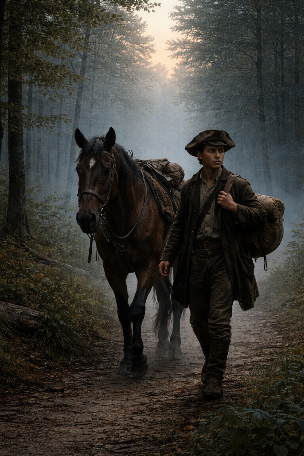 A young traveler walking beside his horse through a misty forest road.