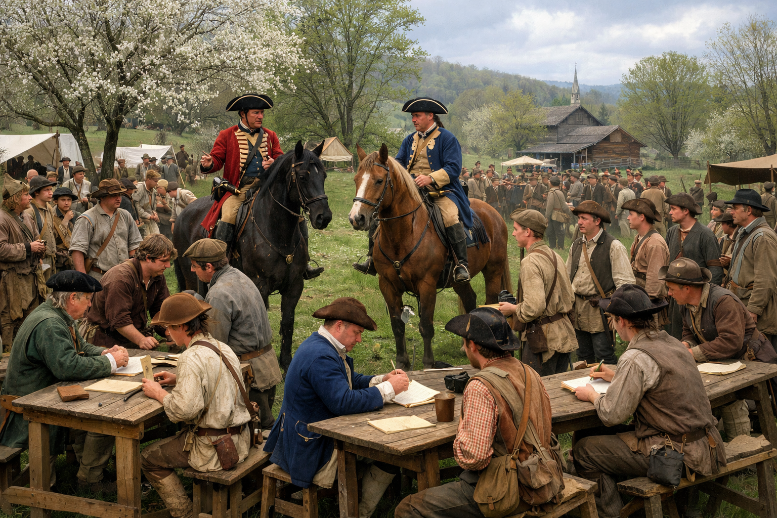 A crowded gathering of settlers and officers in a spring encampment.