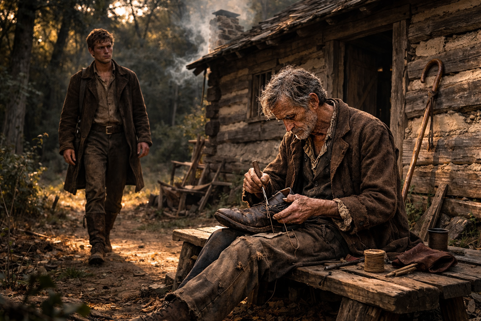 An older man mending a shoe outside a cabin while a younger man approaches.