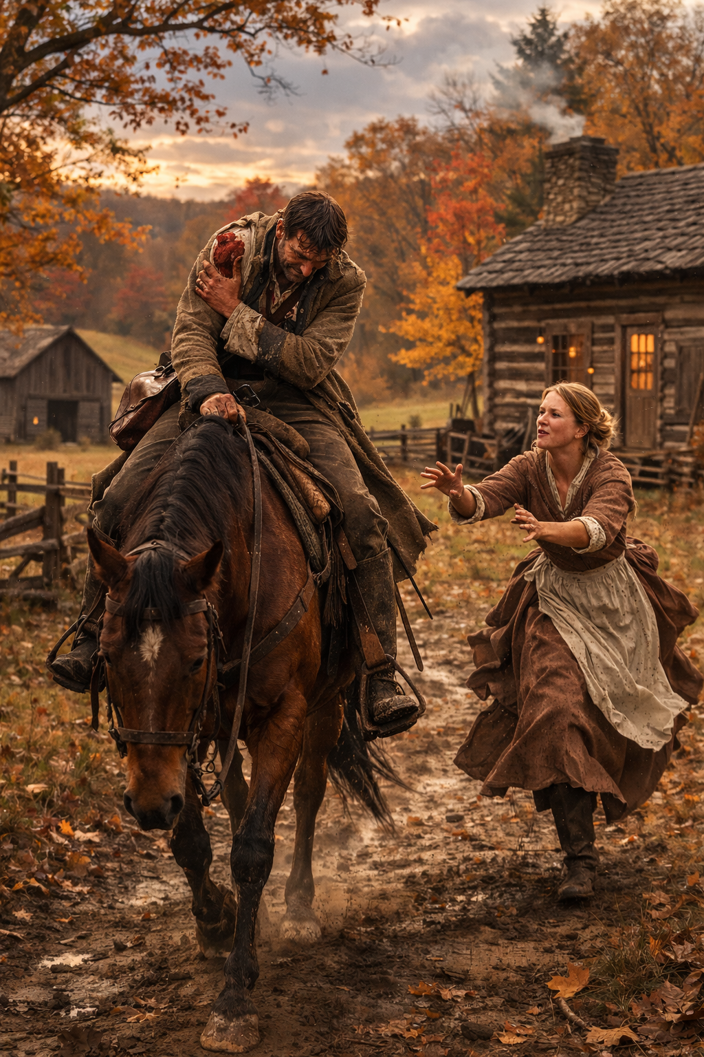 An injured rider arrives as a woman runs toward him outside a cabin in autumn.