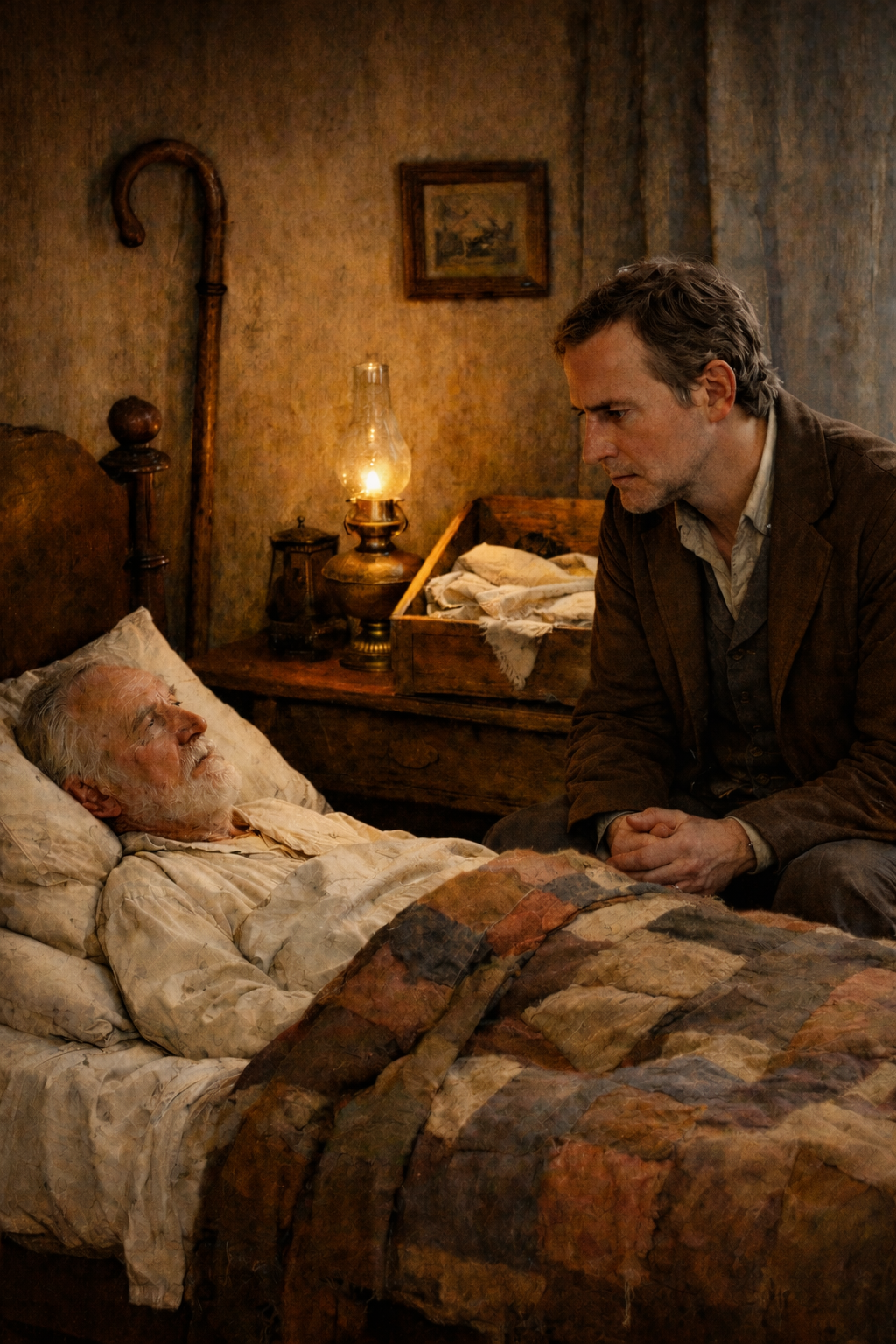 A younger man sitting beside an elderly man on his deathbed.