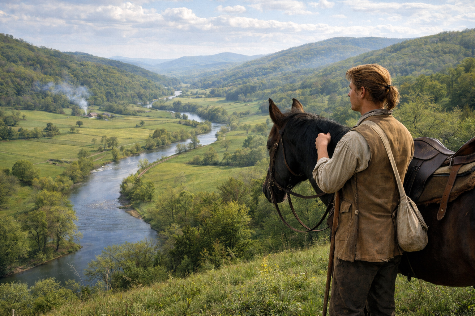 A young man stands with his horse overlooking a broad river valley.