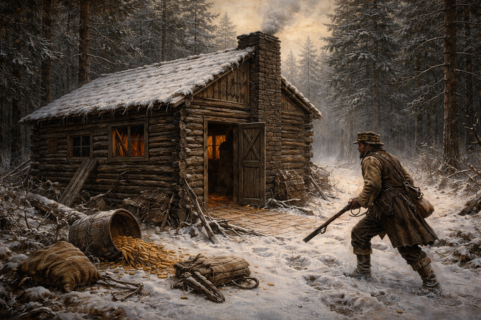 A lone armed traveler approaching a remote cabin in winter woods.